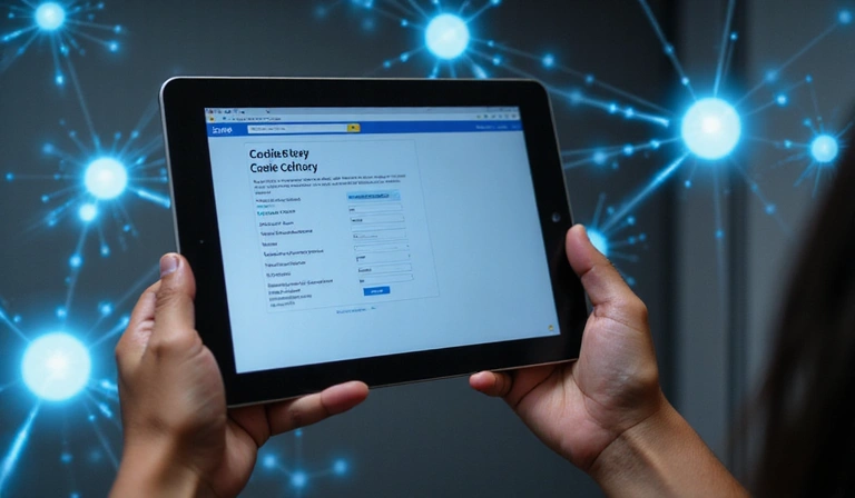 A person managing cookie settings on a tablet with various cookie icons floating around
