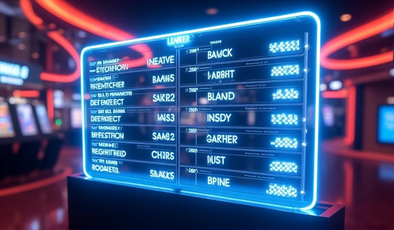A glowing holographic leaderboard displaying player names, scores, and ranks in a competitive gaming environment.