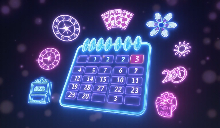 A calendar with future tournament dates highlighted, surrounded by various casino game icons.