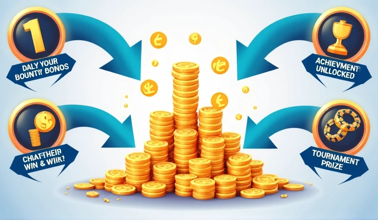 Graphic showing various ways to earn virtual currency like daily bonuses, achievements, and wins, with arrows pointing to a growing pile of coins.